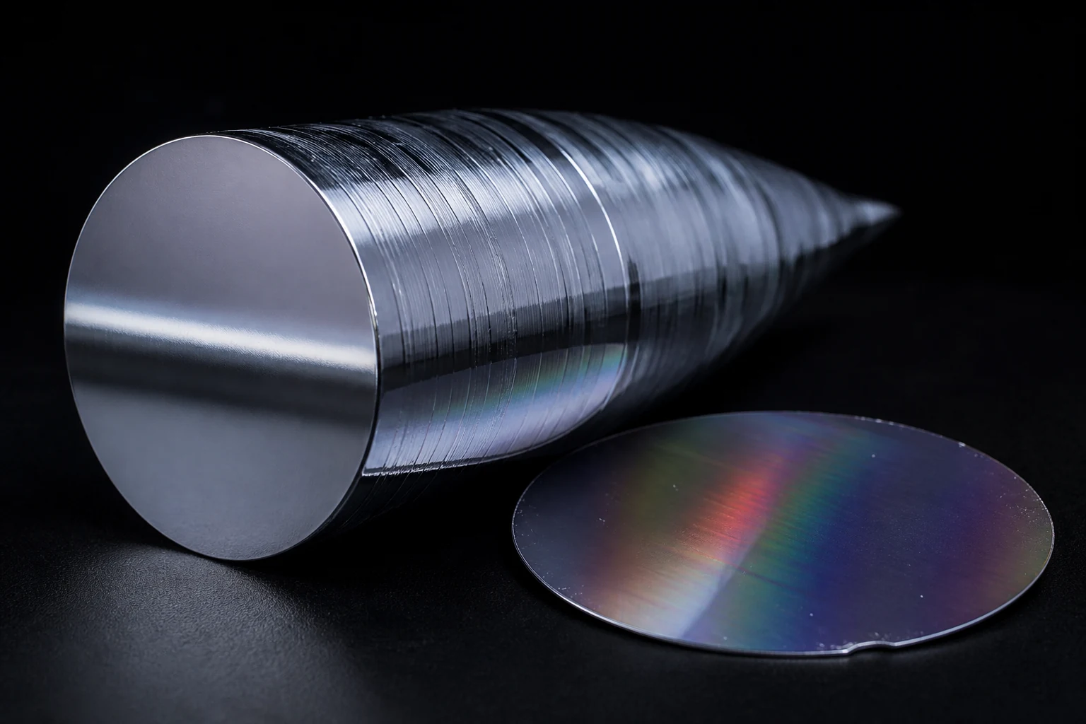 Illustrative silicon ingot cross-section and polished wafer for crystal and surface quality review