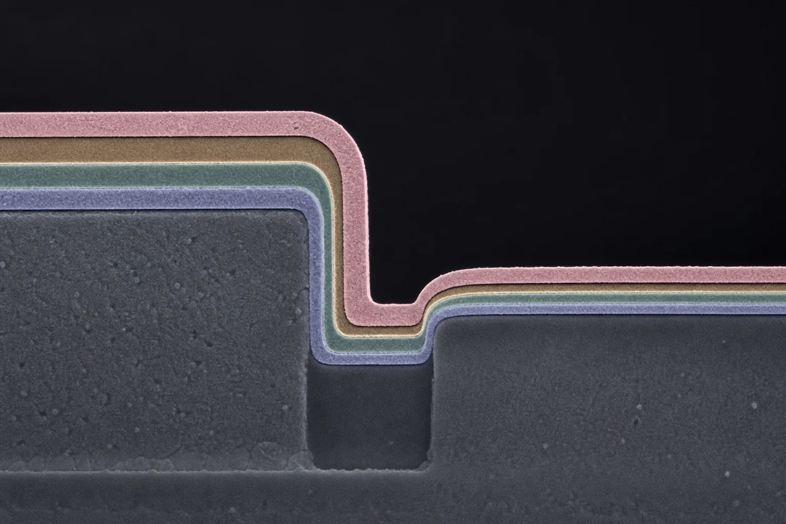 Illustrative multilayer thin-film cross-section over a stepped semiconductor feature