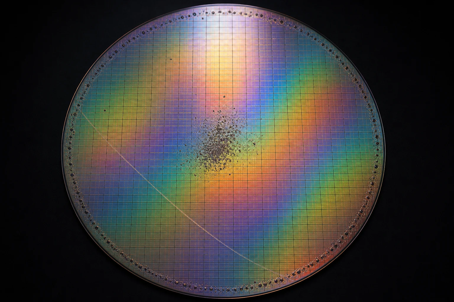 Illustrative full wafer with edge, scratch, and center defect signatures for spatial review
