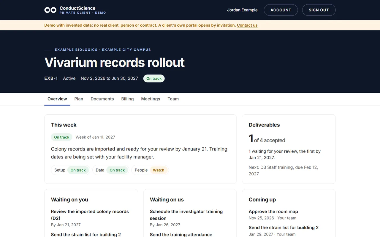 The client portal demo for a fictional company, Example Biologics, with this week's status, deliverables and open tasks.