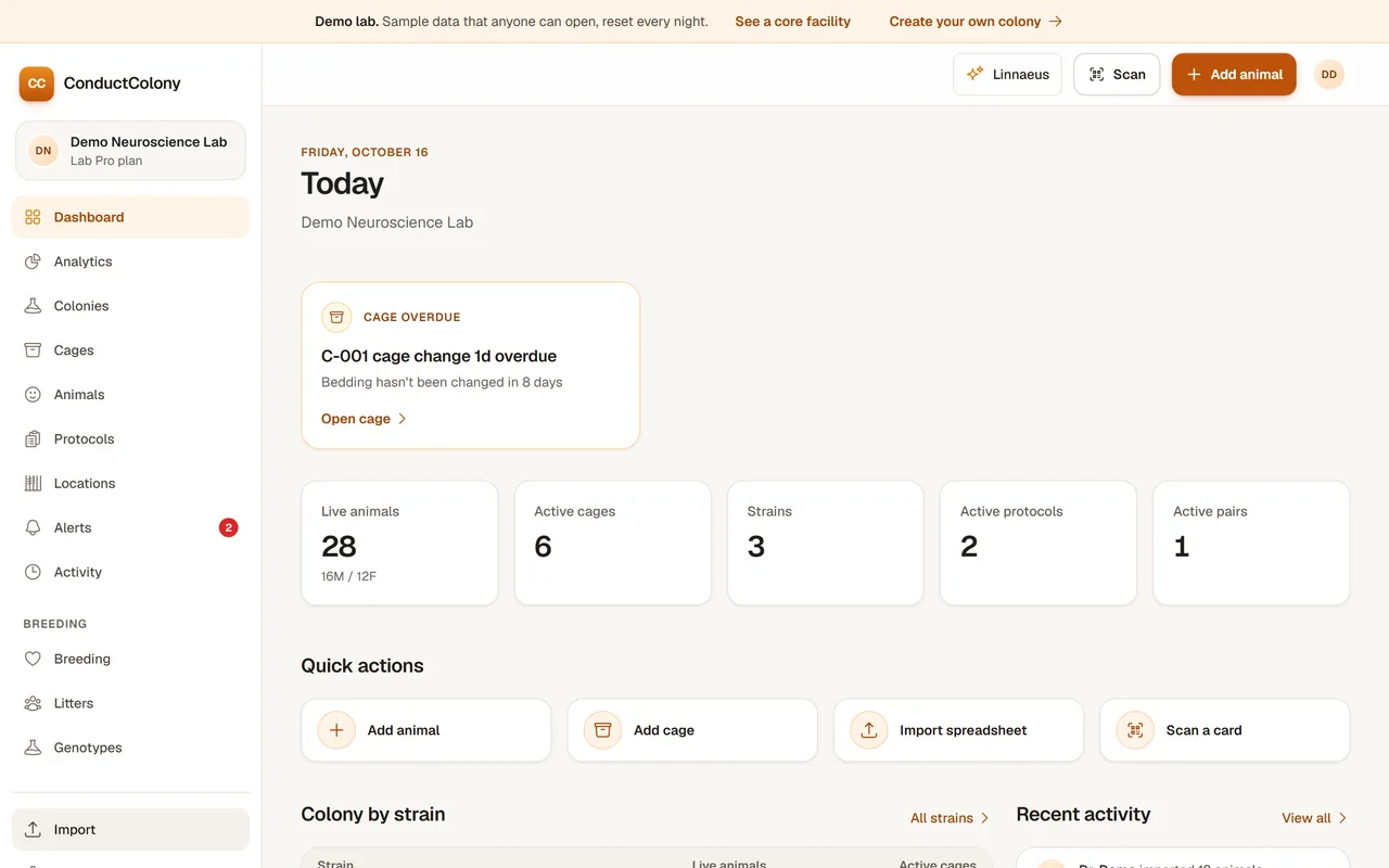 The ConductColony dashboard for a demo neuroscience lab, with an overdue cage change and live animal counts.