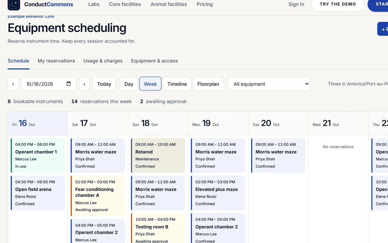 A week of equipment bookings in the ConductCommons demo core, such as Morris water maze sessions.