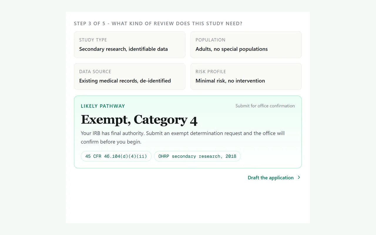 A ConductCompliance study intake step that suggests an exempt review category and cites the regulation behind it.
