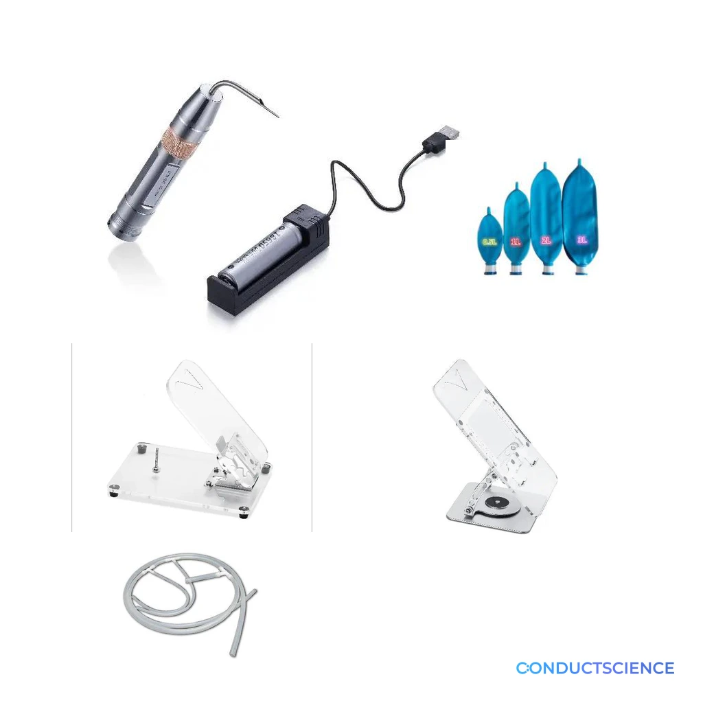 Small animal laryngoscope, intubation stands, rebreathing bags, and connection tubing with ConductScience watermark