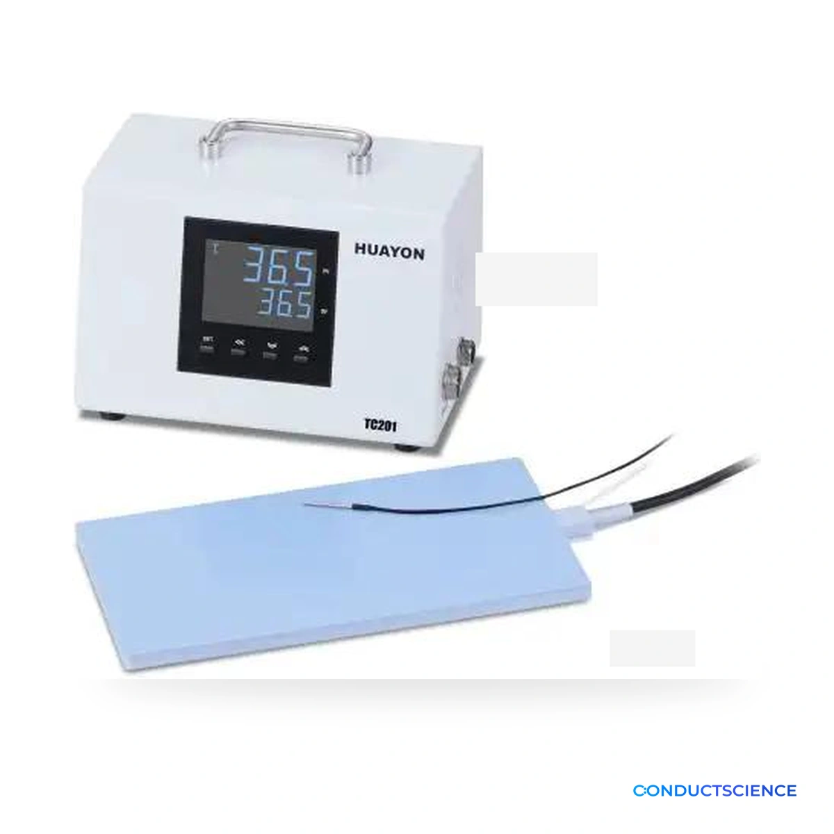 Rodent Heating Pad shown with compatible temperature controller context and ConductScience watermark