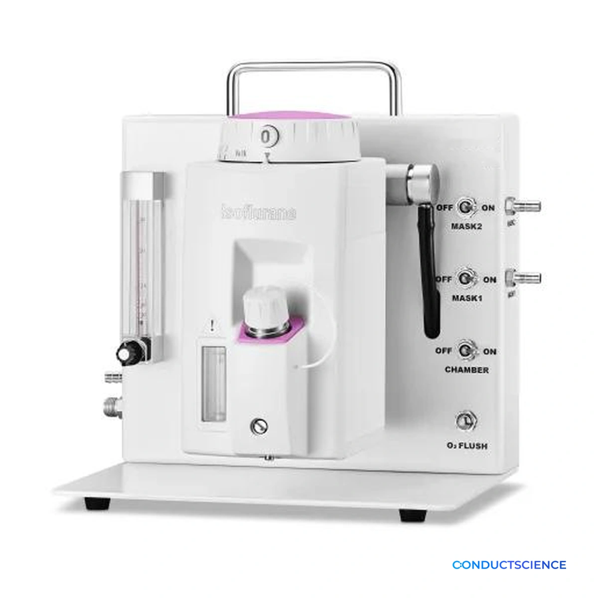 Tabletop Small Animal Anesthesia Machine standard outlet configuration with ConductScience watermark