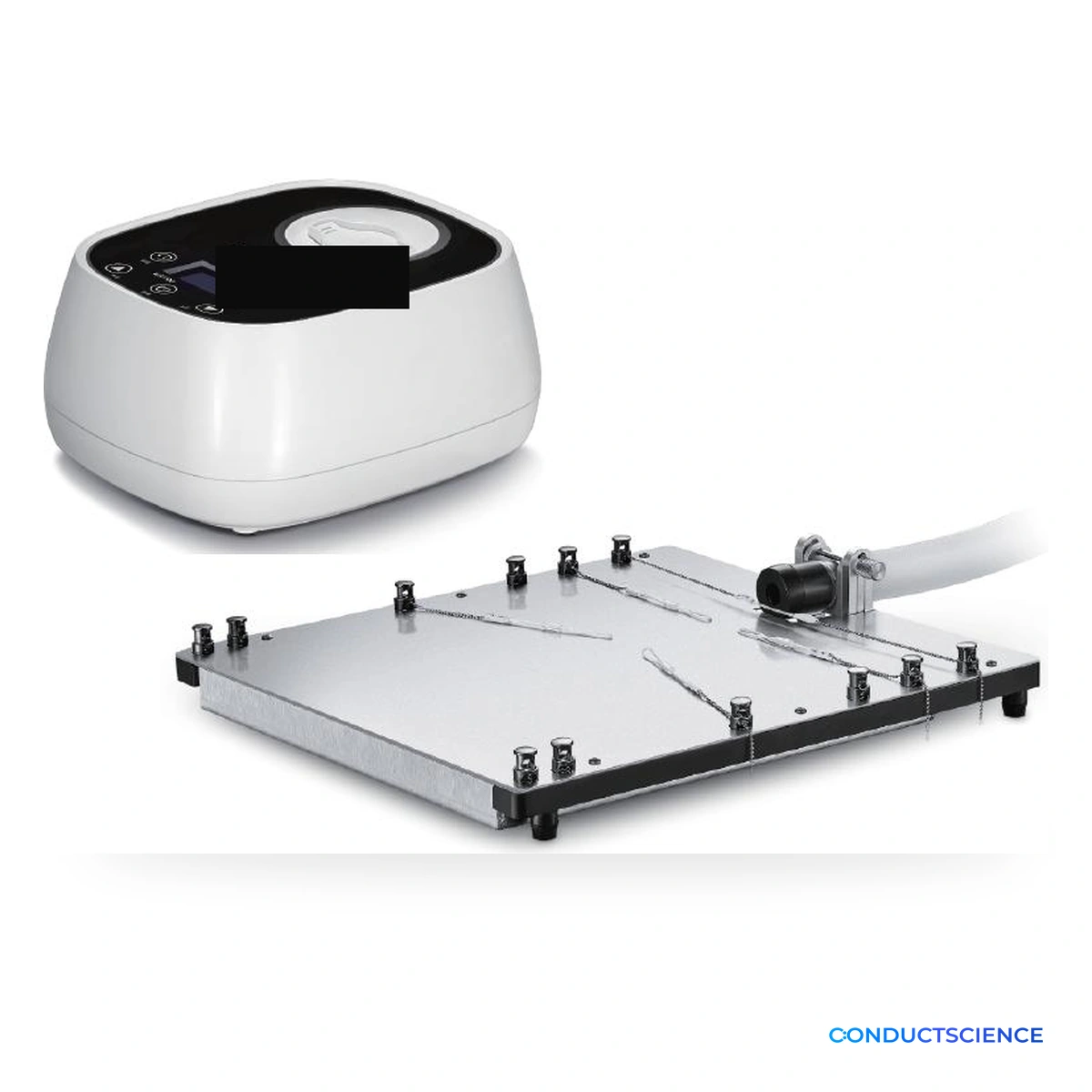Water-Heated Small Animal Surgical Platform with recirculating pump, warmed pad, mask bracket, and ConductScience watermark