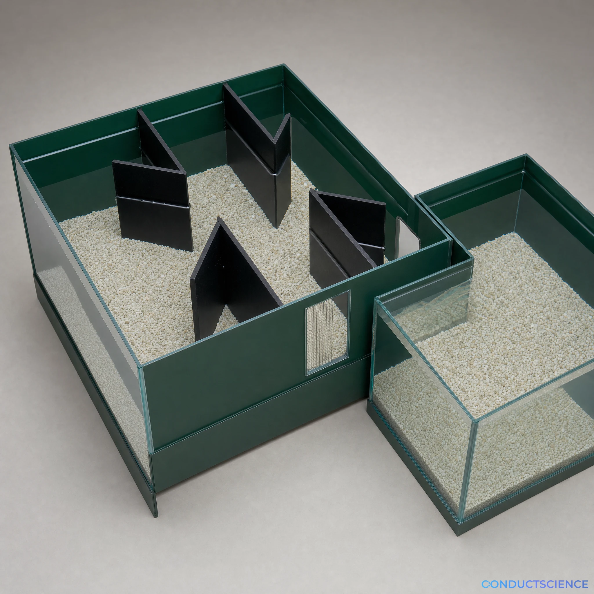 Photorealistic Fish Detour Task Apparatus with two adjacent tanks and four angled partitions