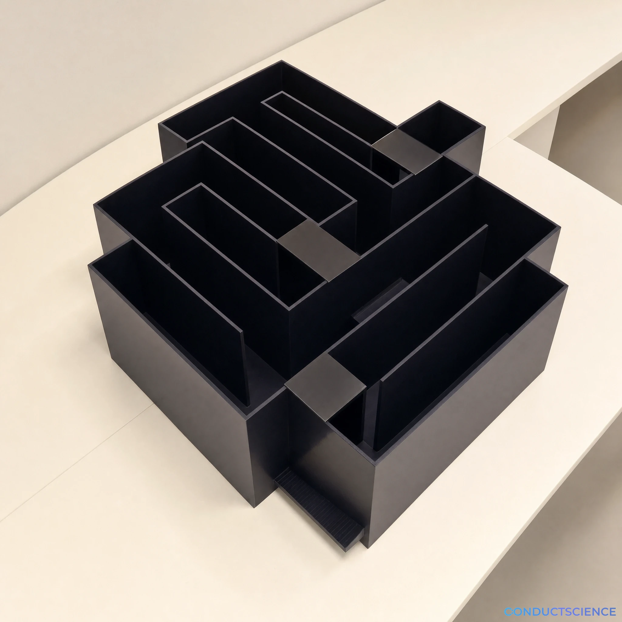 Photorealistic dry-land Modified Biel Maze with three tunnels, blind alleys, and a ramped goal