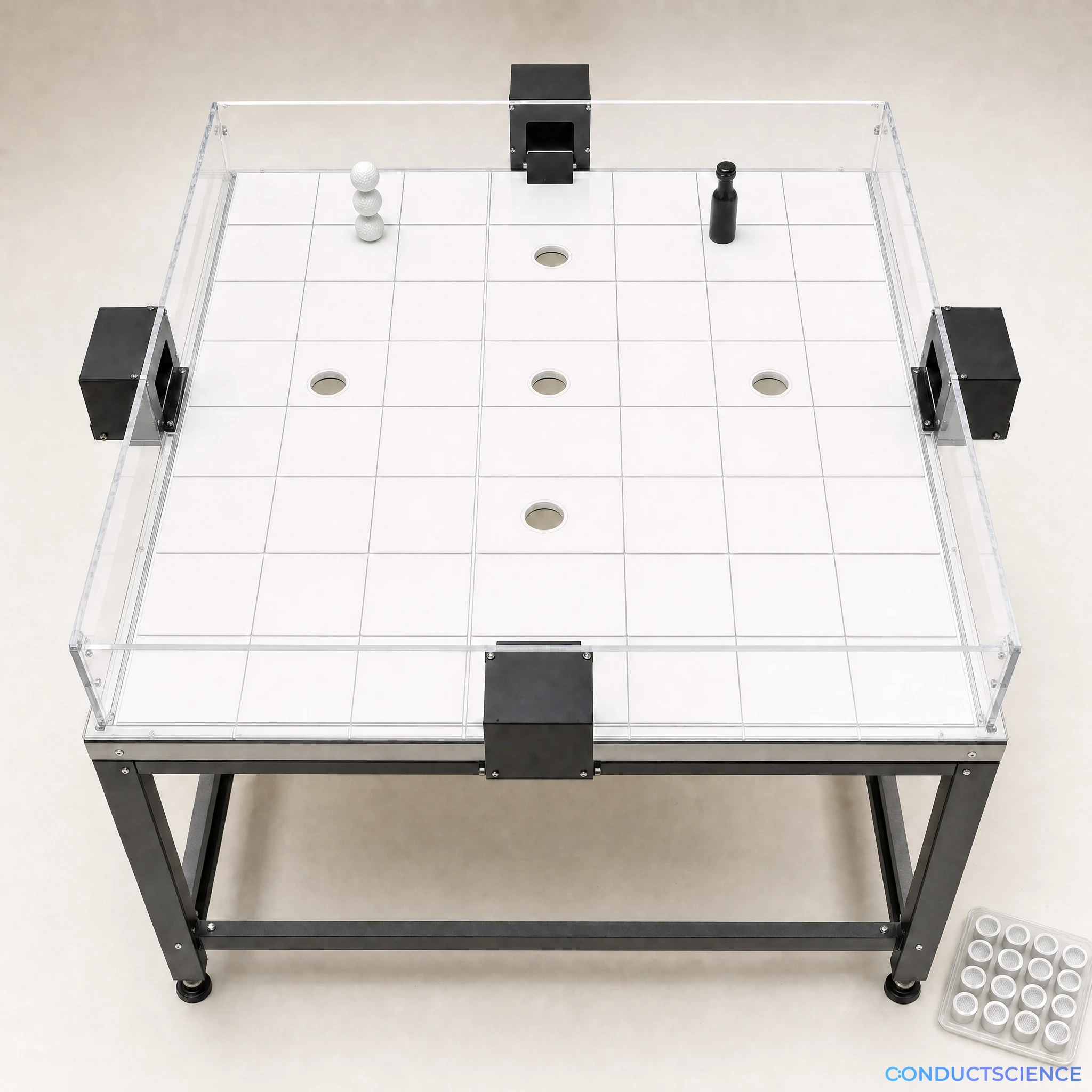 Photorealistic rat Event Arena with a seven-by-seven tile field and four manual-gate start boxes