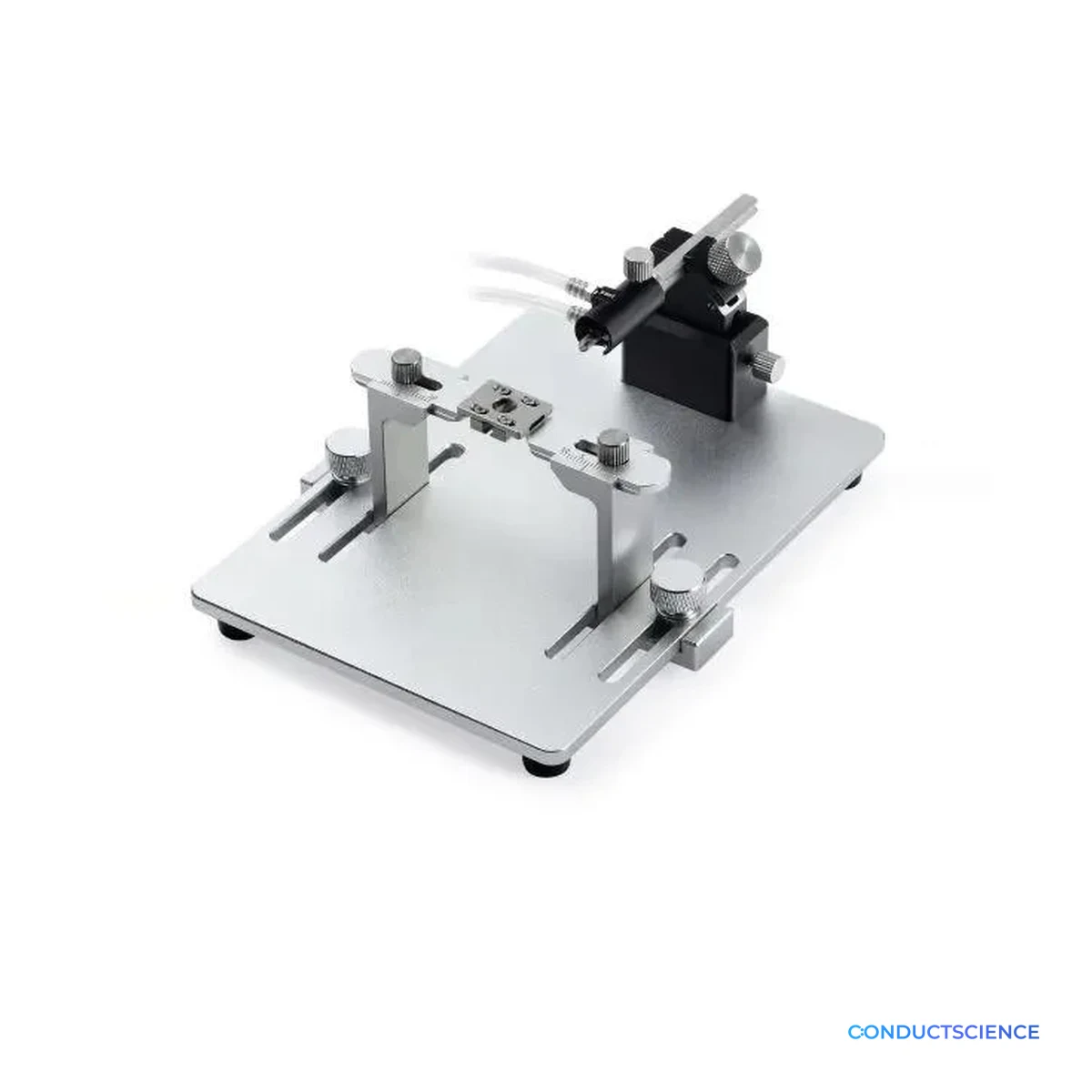 Conscious Mouse Spinal Cord Fixator with base plate, clamps, cover window, posts, and stereotaxic mask