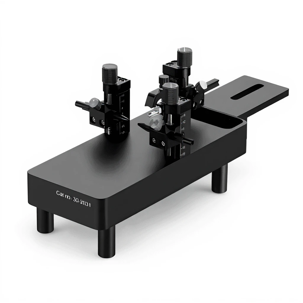Mouse stereotaxic adapters with ear-bar and head-positioning hardware on a white background