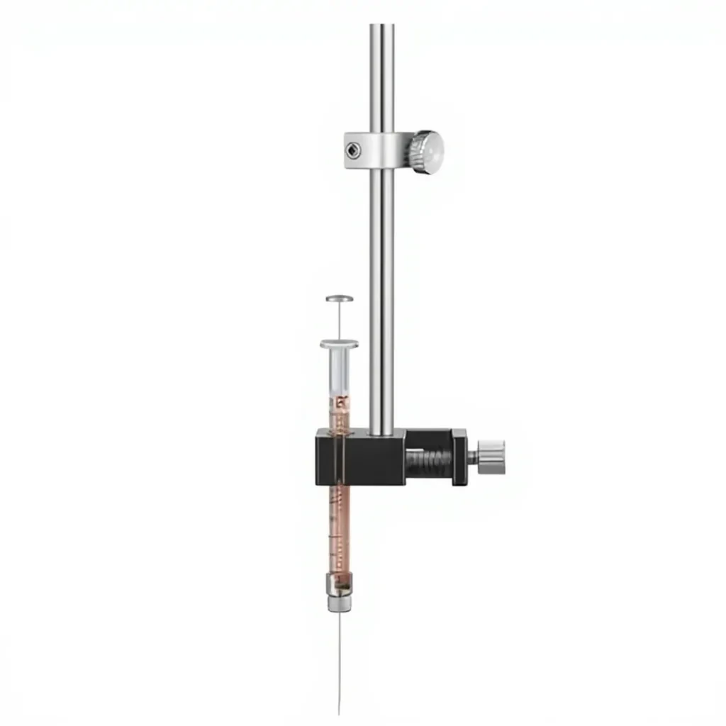 Syringe Holder-F1 mounted with a syringe for stereotaxic injection workflows