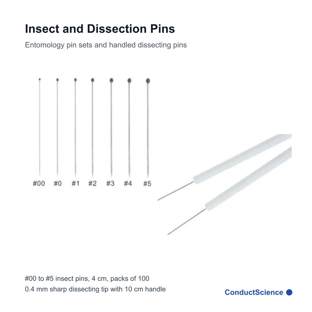 Insect and Dissection Pins on a white background with ConductScience watermark