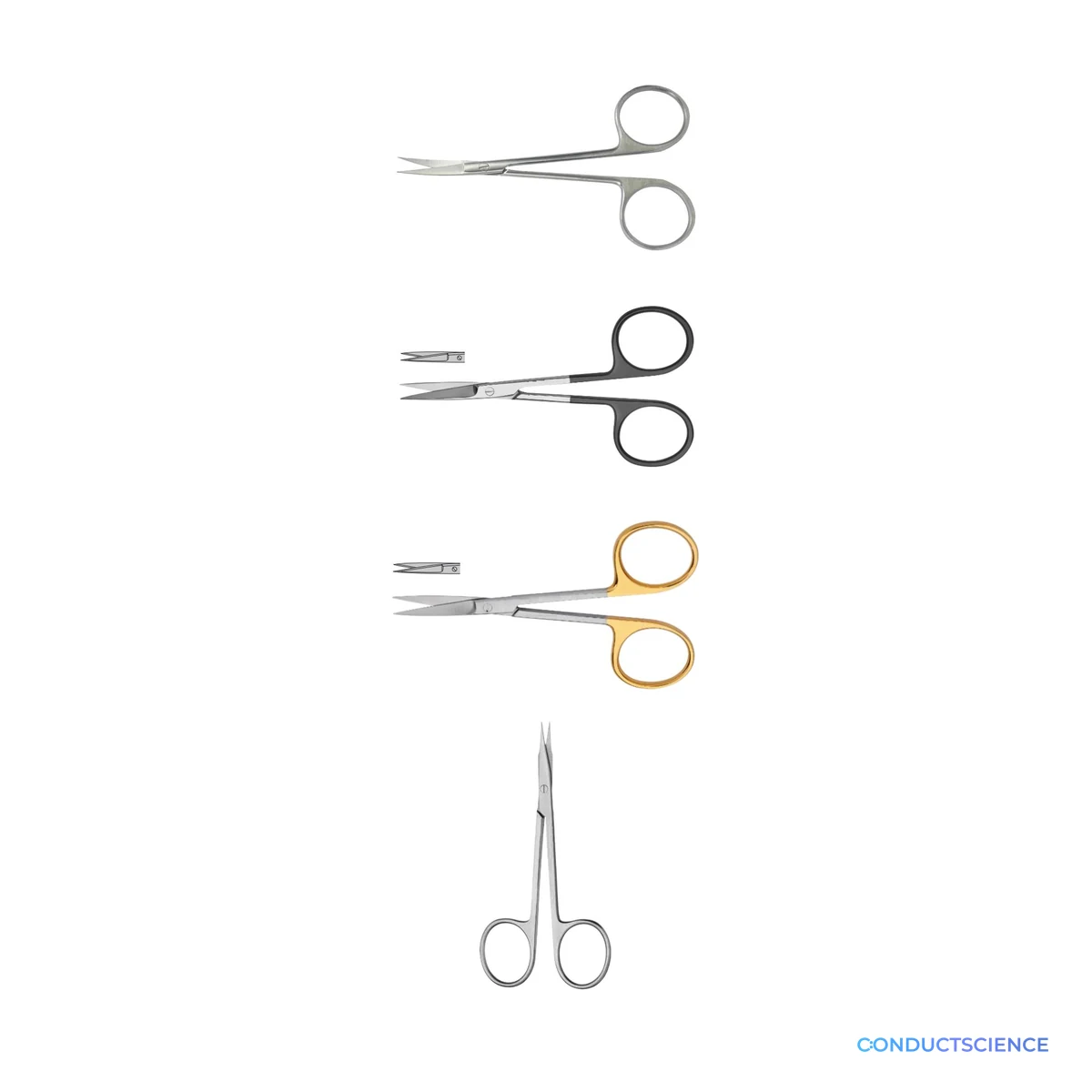 IRIS and Stevens Scissors on a white background with ConductScience watermark