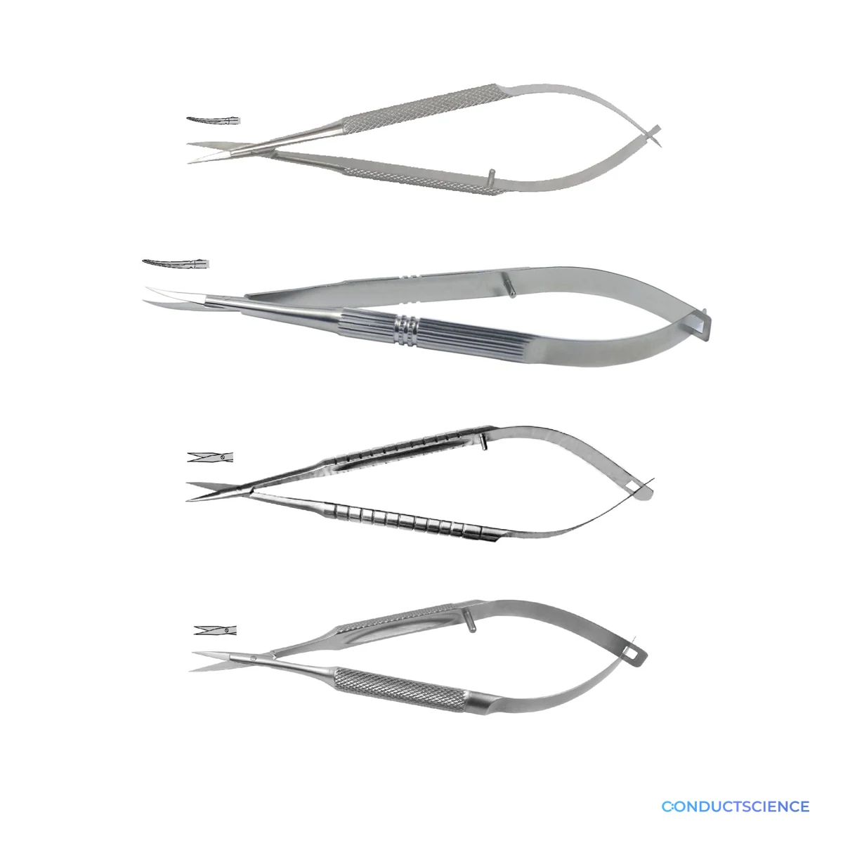 Micro Scissors for microsurgical cutting on a white background with ConductScience watermark
