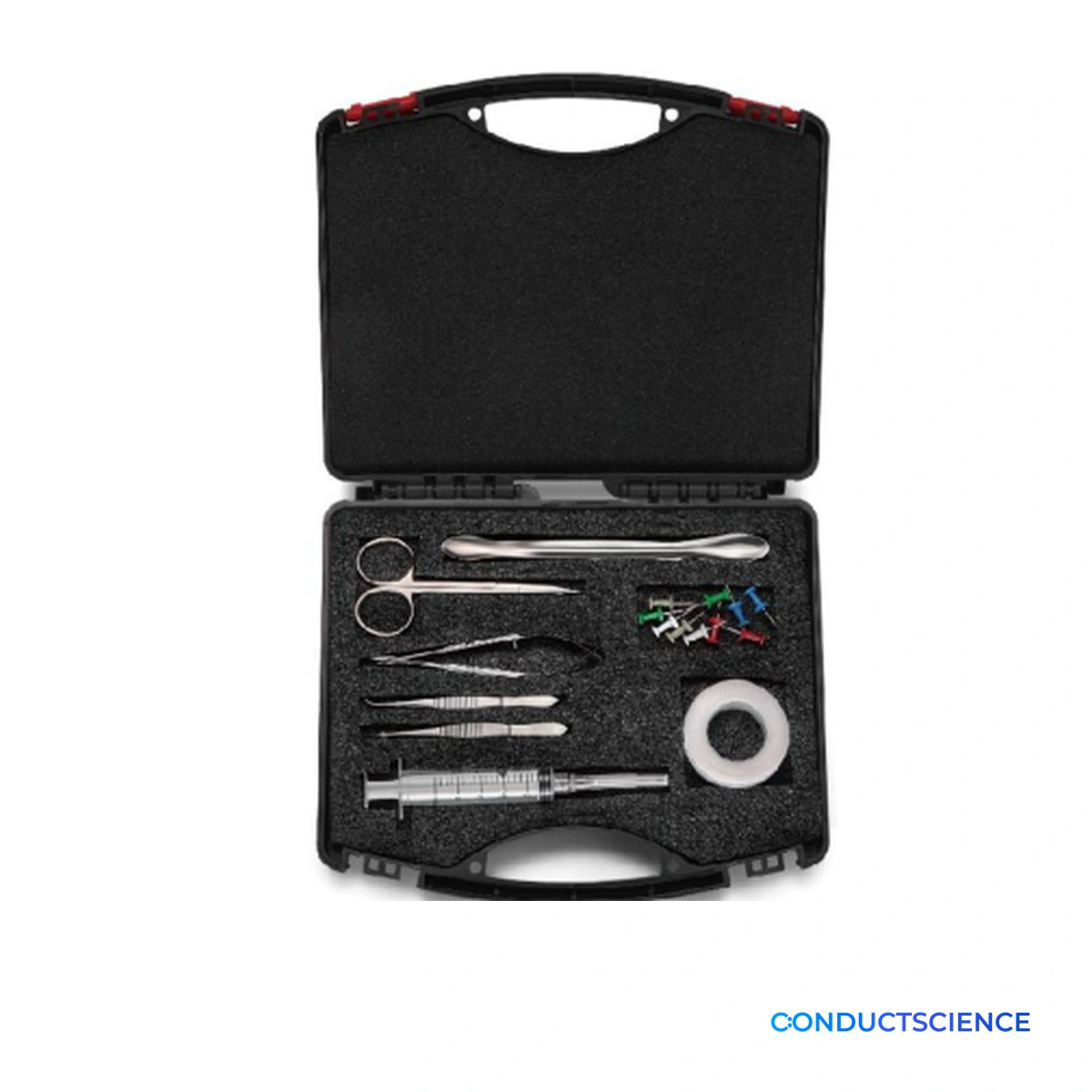 Mouse Brain Perfusion Surgical Kit arranged in a case with ConductScience watermark