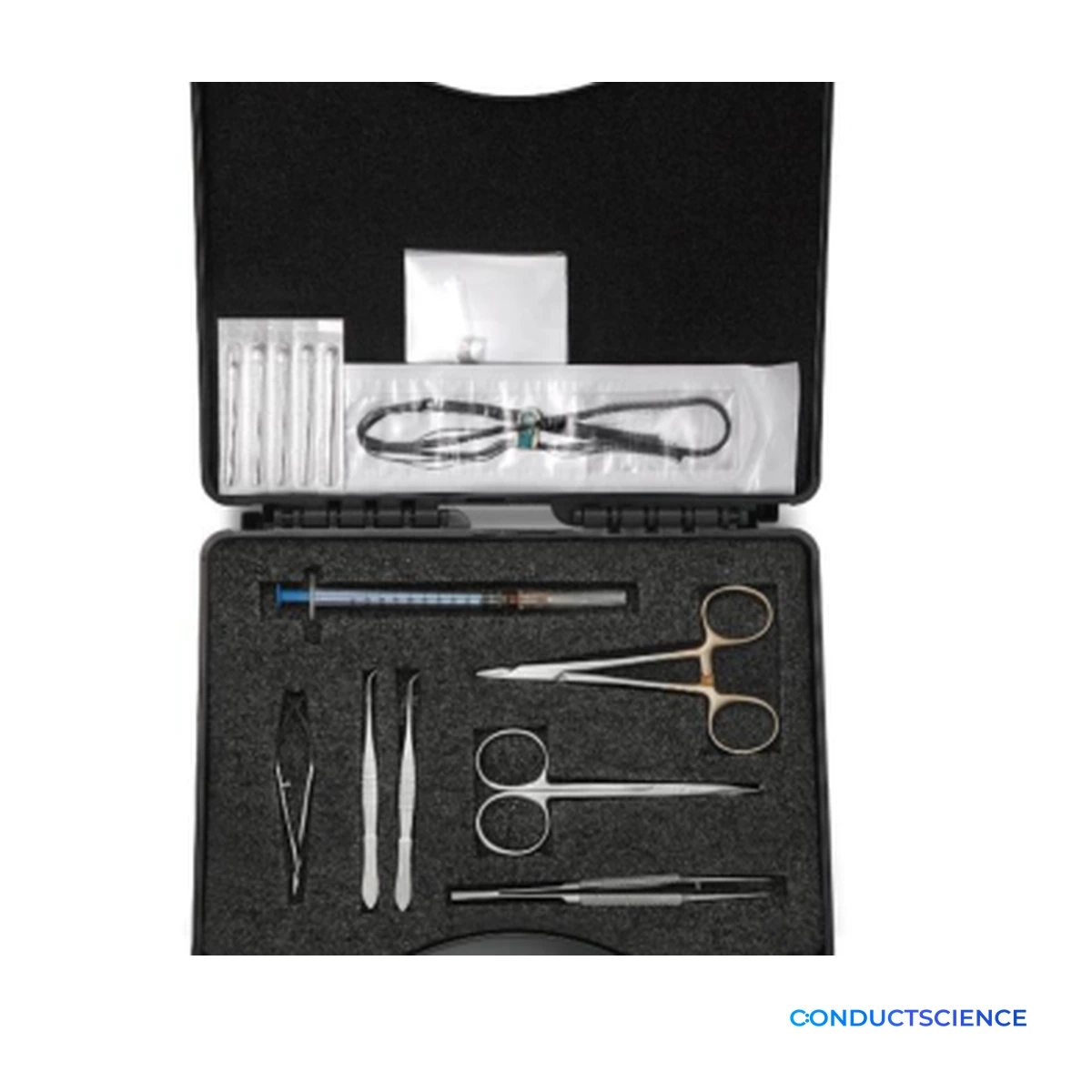 Mouse Self-Administration Surgical Kit case with catheter tubing, syringes, microsurgical tools, and closure materials