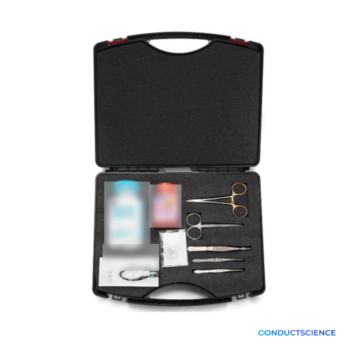 Mouse Tubal Ligation Surgical Kit case with fine surgical instruments, cotton-ball containers, and closure materials
