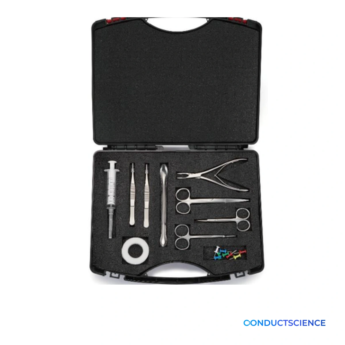 Rat Brain Perfusion Surgical Kit arranged in a case with ConductScience watermark