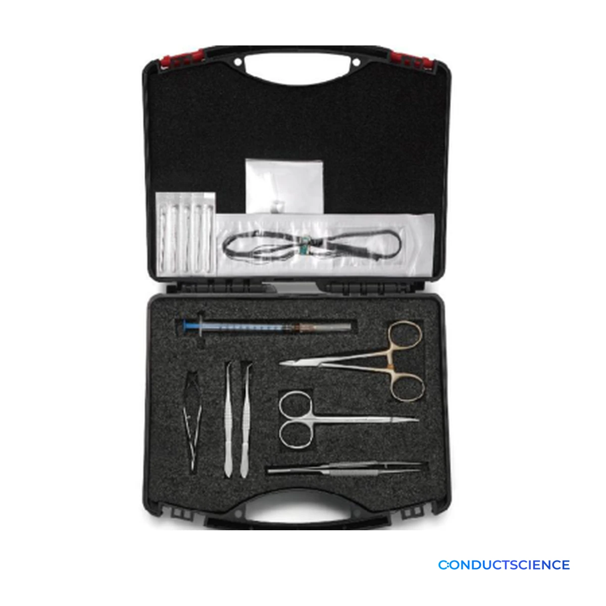 Rat Self-Administration Surgical Kit case with guide catheter, infusion syringe, microsurgical tools, and closure materials