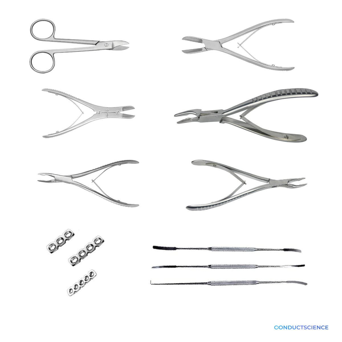Small-Animal Bone Instruments including cutters, rongeurs, bone plates, and nerve-root separators on a white background with ConductScience watermark