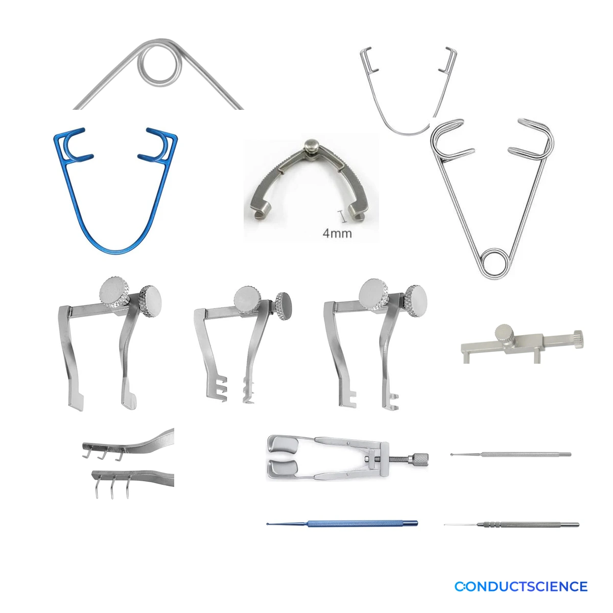 Small-Animal Retractors and Curettes including hooks, retractors, curettes, micro spatulas, and a micro exfoliation instrument on a white background with ConductScience watermark