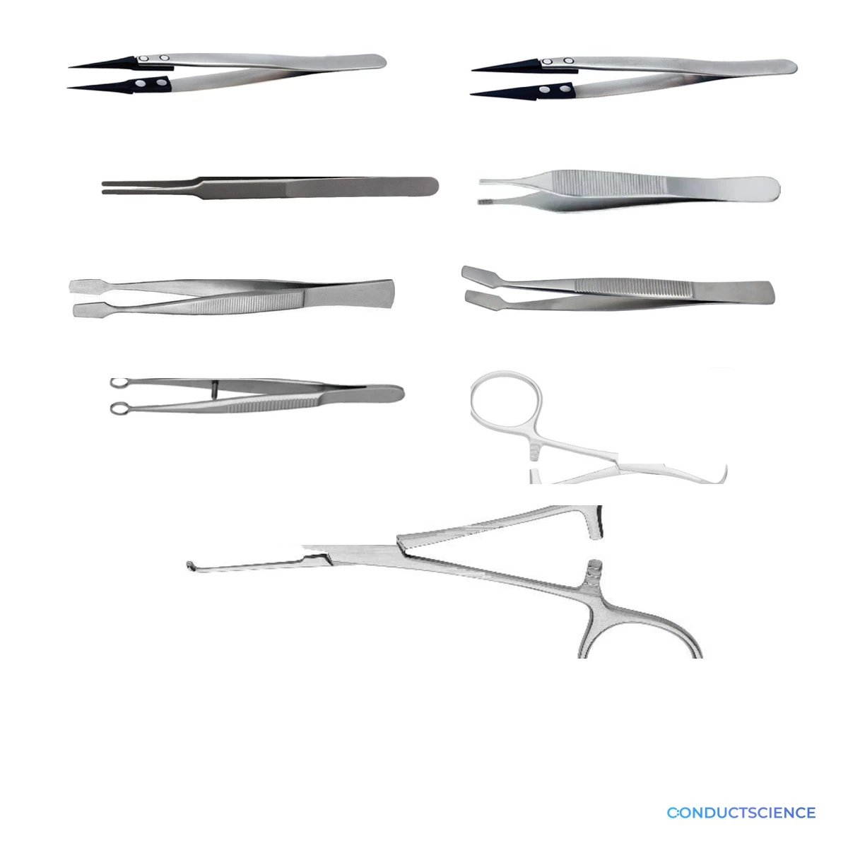 Specialty Surgical Forceps for small-animal tissue and material handling on a white background with ConductScience watermark