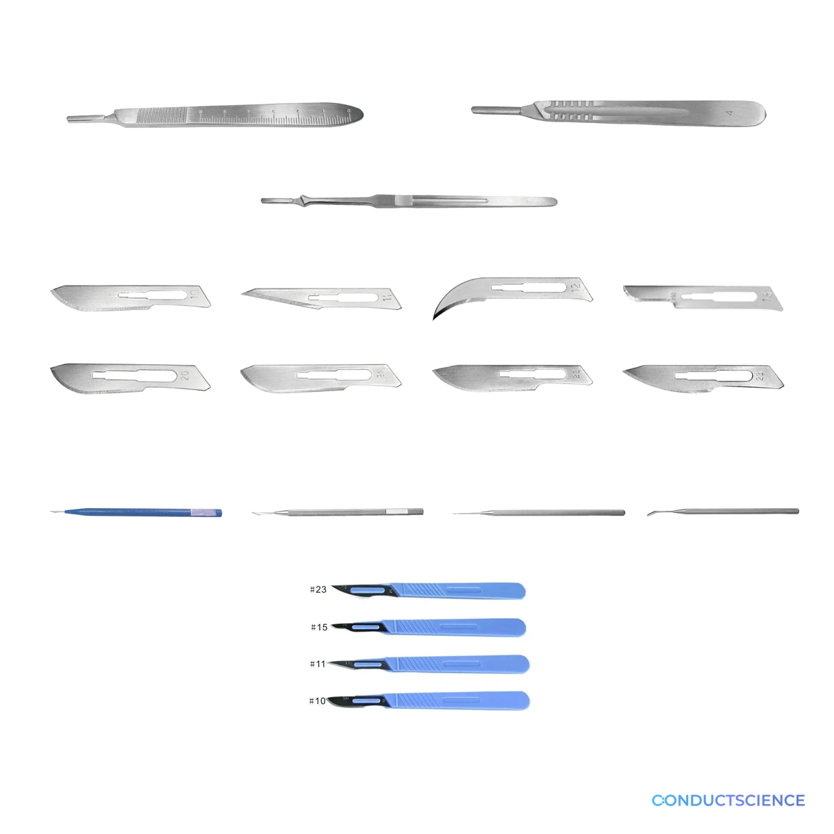 Surgical handles, blades, and knives on a white background with ConductScience watermark