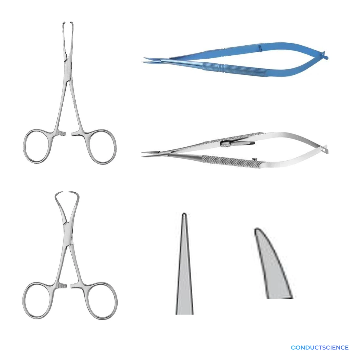 Surgical Needle Holders for small-animal closure and suture handling on a white background with ConductScience watermark