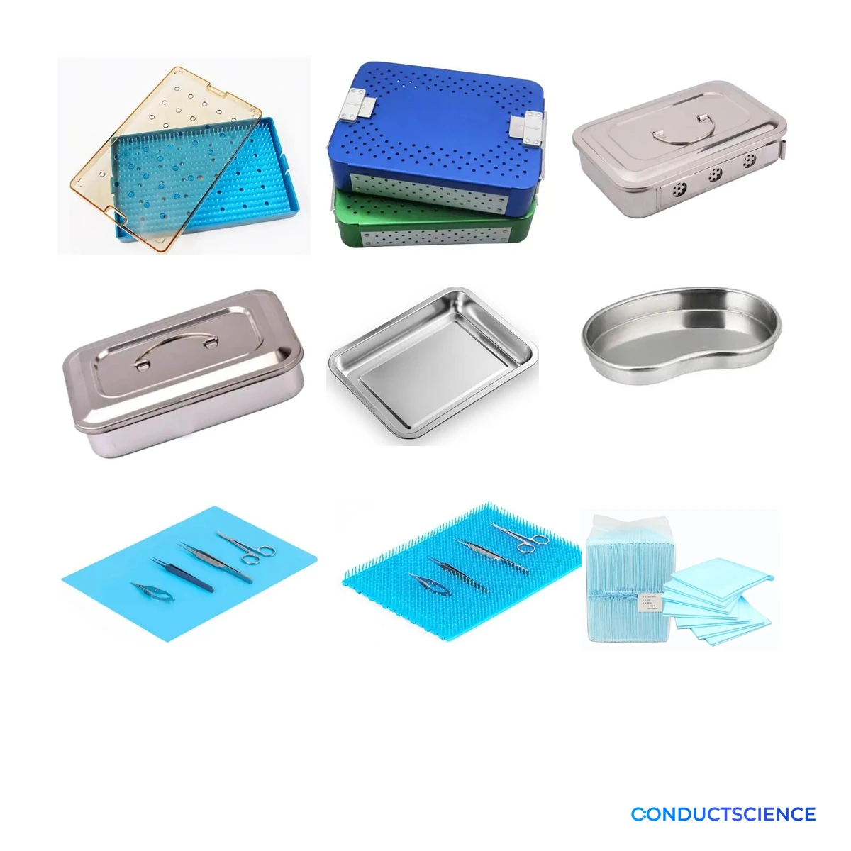 Surgical sterilization containers, instrument trays, silicone mats, wraps, and replacement beads on a white background with ConductScience watermark