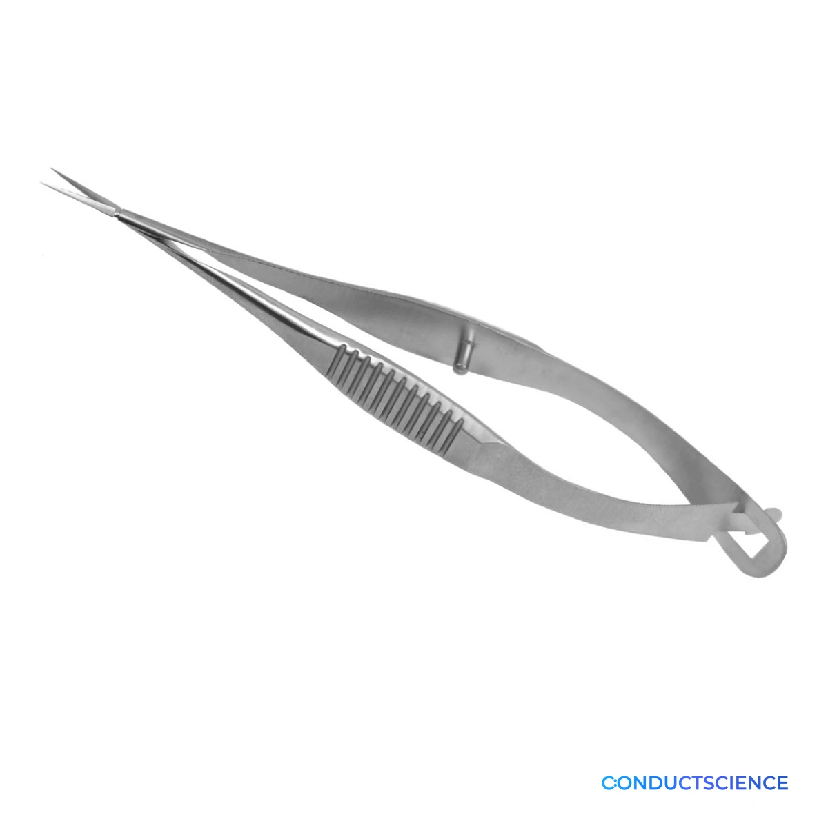 Vannas Spring Scissors for microsurgical cutting on a white background with ConductScience watermark