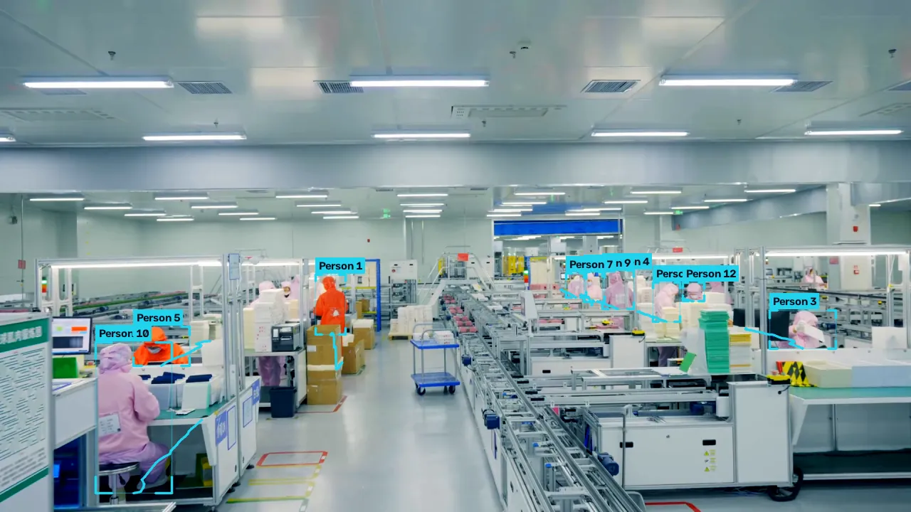Workers in cleanroom suits along assembly lines, each boxed and numbered by ConductVision.