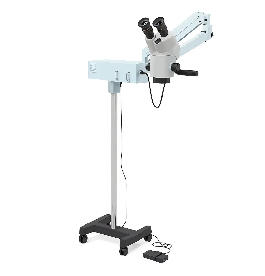 A digital photograph displays a mobile surgical microscope with dual eyepieces, adjustable arm, and foot pedals, positioned on a wheeled base against a white background