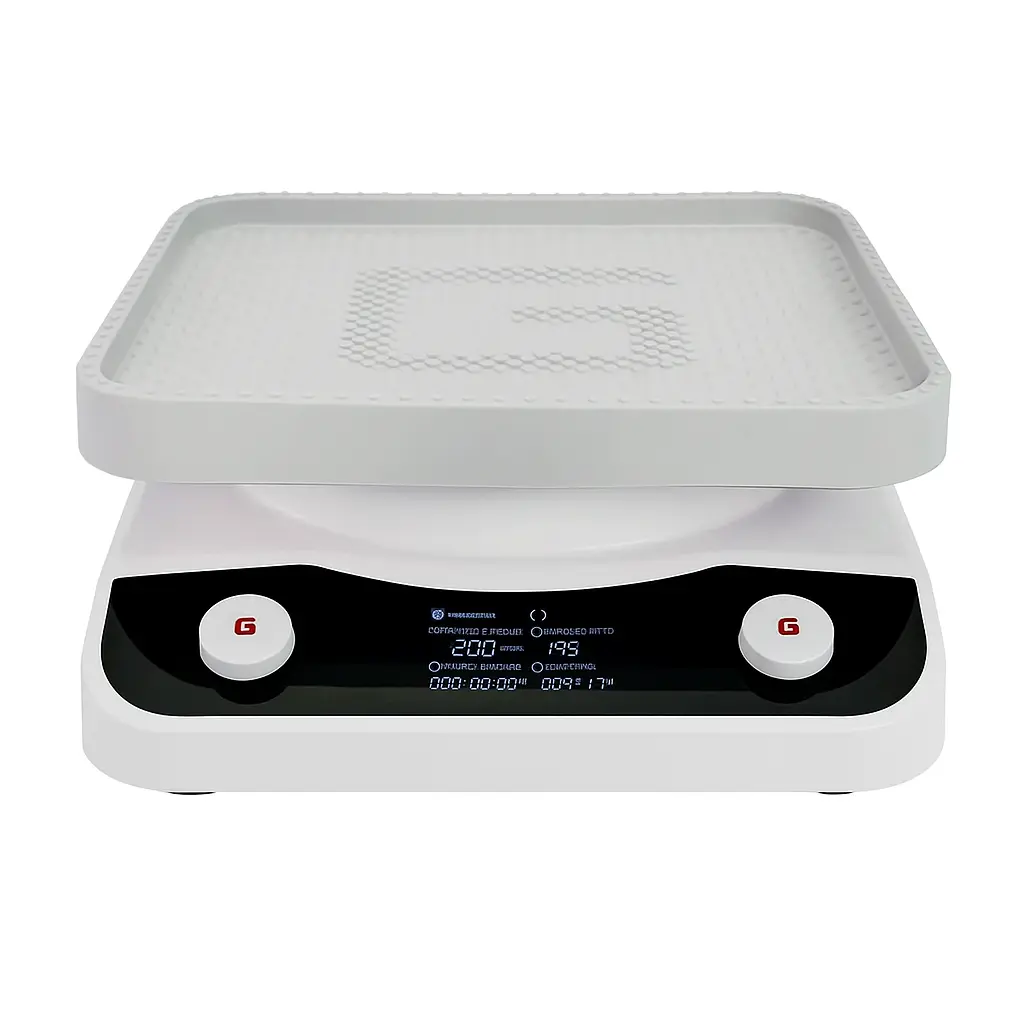 High-resolution image of a digital horizontal shaker used in laboratory settings, featuring an LED display and rubber platform for stable mixing.