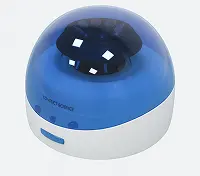 Compact blue and white laboratory mini centrifuge with a transparent dome lid and internal rotor, designed for quick sample spinning in small labs.