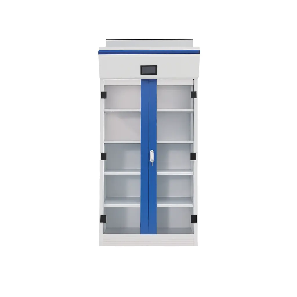 Clean Medicine Storage Cabinet with transparent glass doors, blue center panel, multiple shelves, and top digital display, shown on a white background