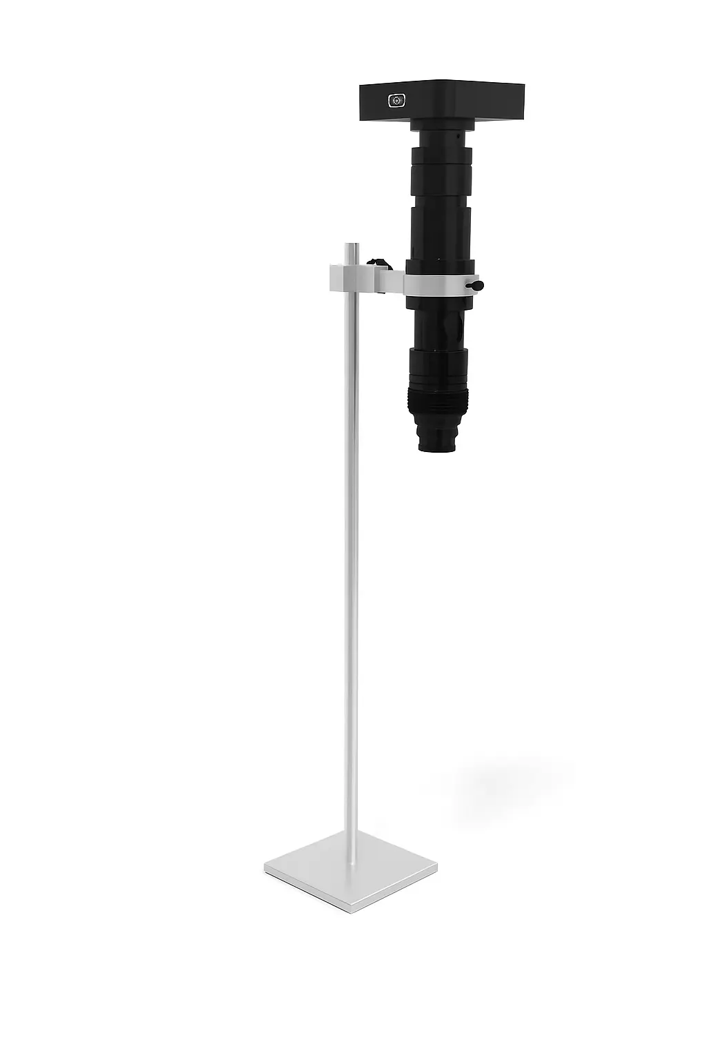Digital microscope with a vertical stand and adjustable mount, featuring a compact camera unit and cylindrical lens assembly, set against a white background.