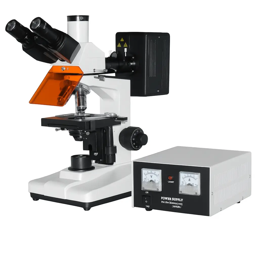 Fluorescence Adapters microscope with orange filter and external power supply unit on a white background