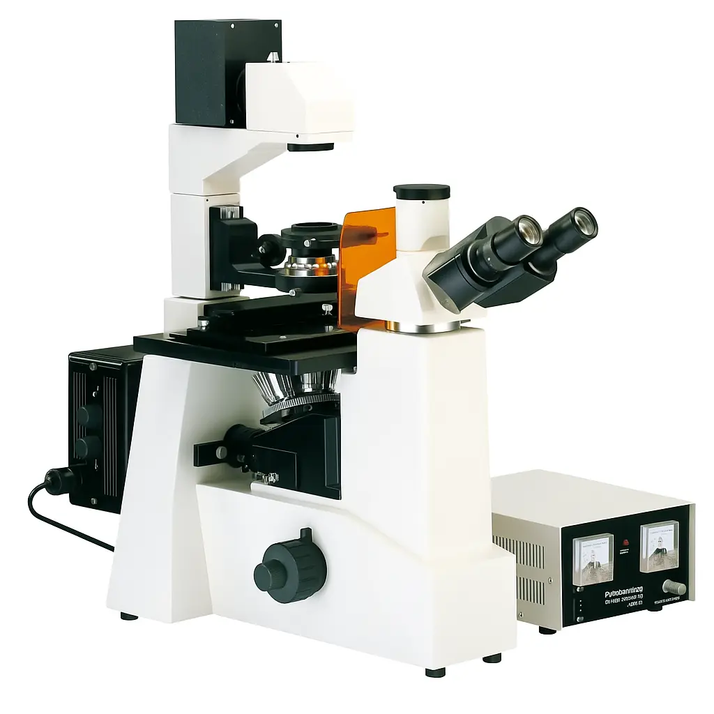 A high-resolution digital photograph of an inverted microscope used in laboratory settings, featuring dual eyepieces, an orange filter, multiple objective lenses, and an attached power supply unit.