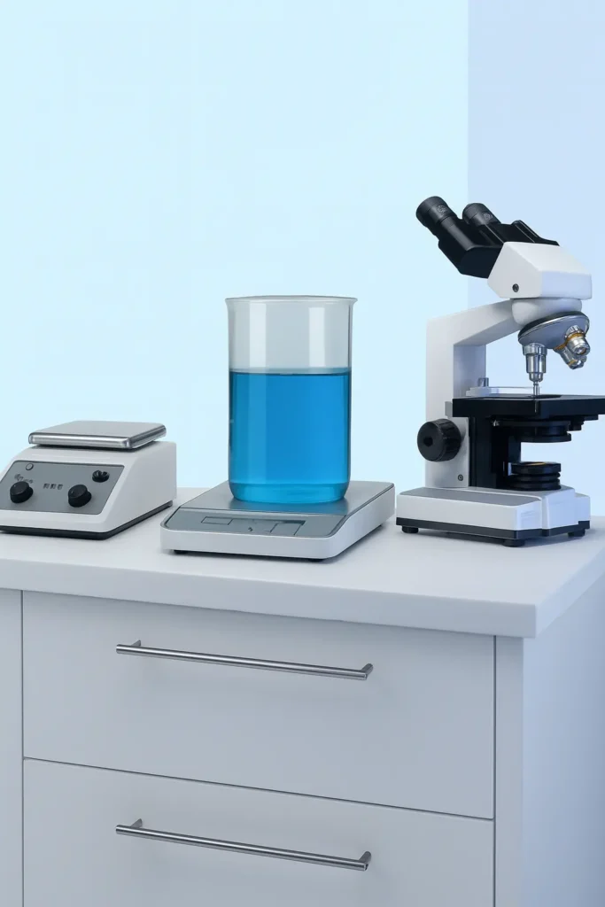 Laboratory setup showing a compound microscope, magnetic stirrer with a beaker of blue liquid, and a digital scale on a white benchtop with drawers, against a light blue background.