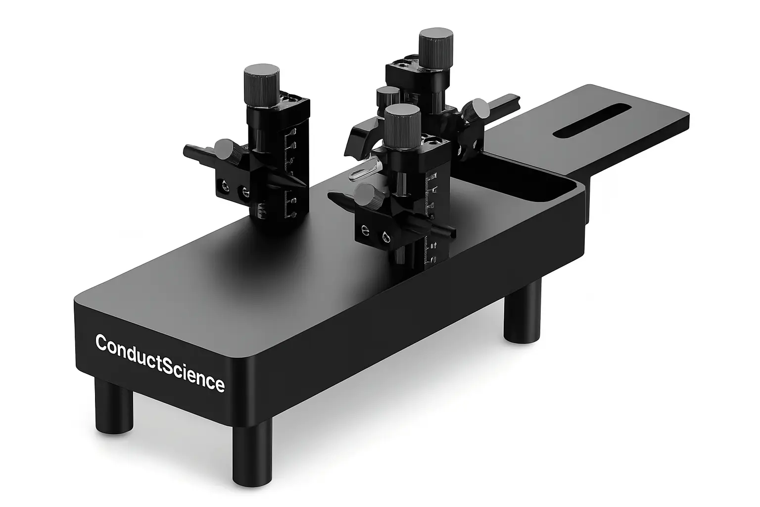 High-resolution image of ConductScience Mouse Adapters with adjustable holders on a black platform, designed for precision in laboratory settings.