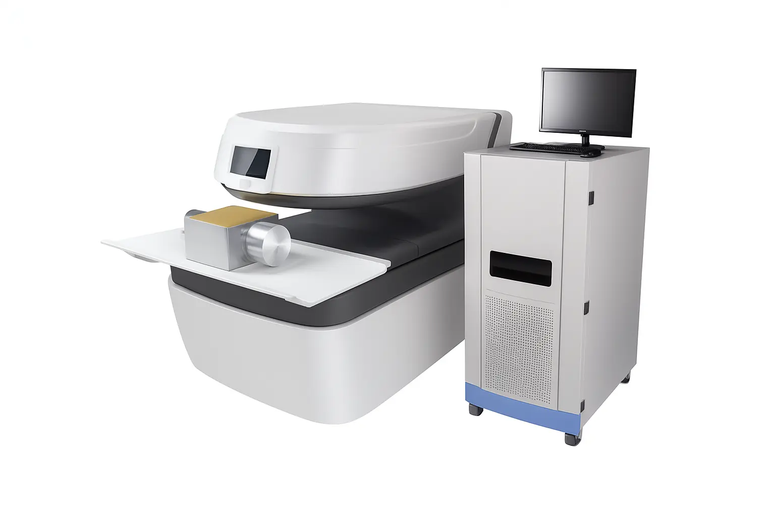 MRI / NMR Systems setup featuring a compact imaging unit with integrated sample tray and a standalone control tower with monitor