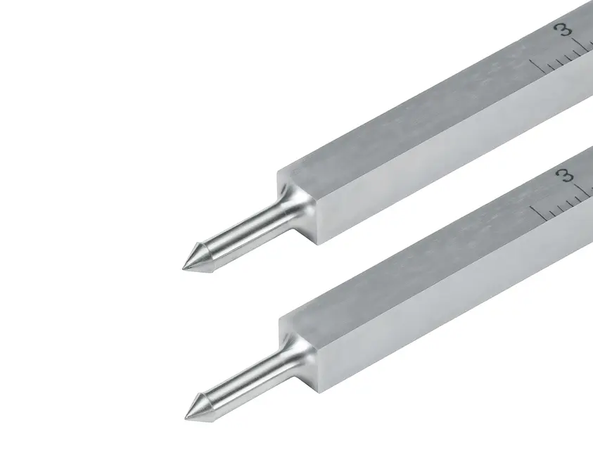 High-resolution image of two stainless steel stereotaxic ear bars used for precise rodent head fixation in neuroscience research.