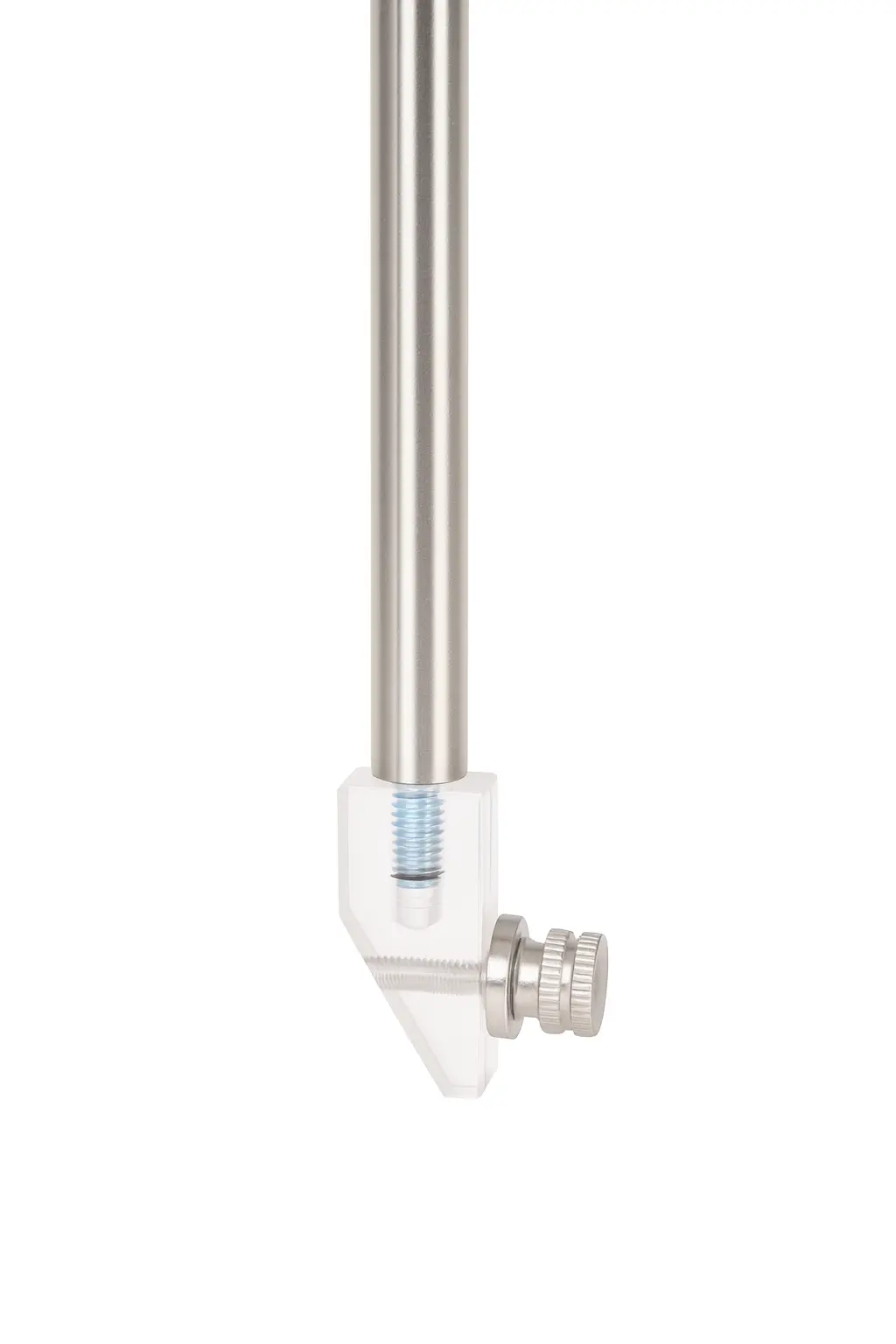 A high-resolution digital image of a stereotaxic electrode holder used in neuroscience research, featuring a precision adjustment knob and stainless steel rod on a white background.
