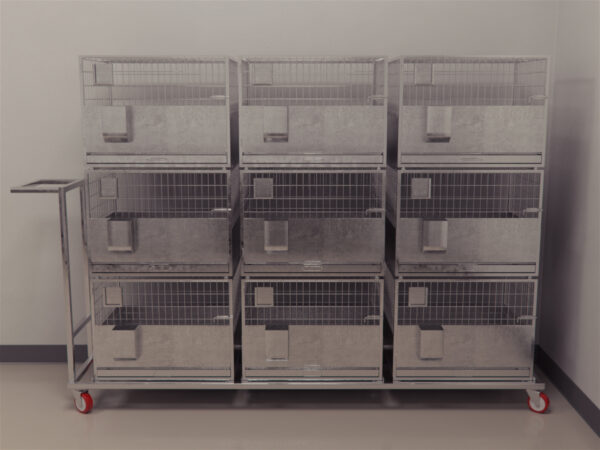 Each trolley is fixed with 3 rabbit cages each of size 600mmx450mmx450mm