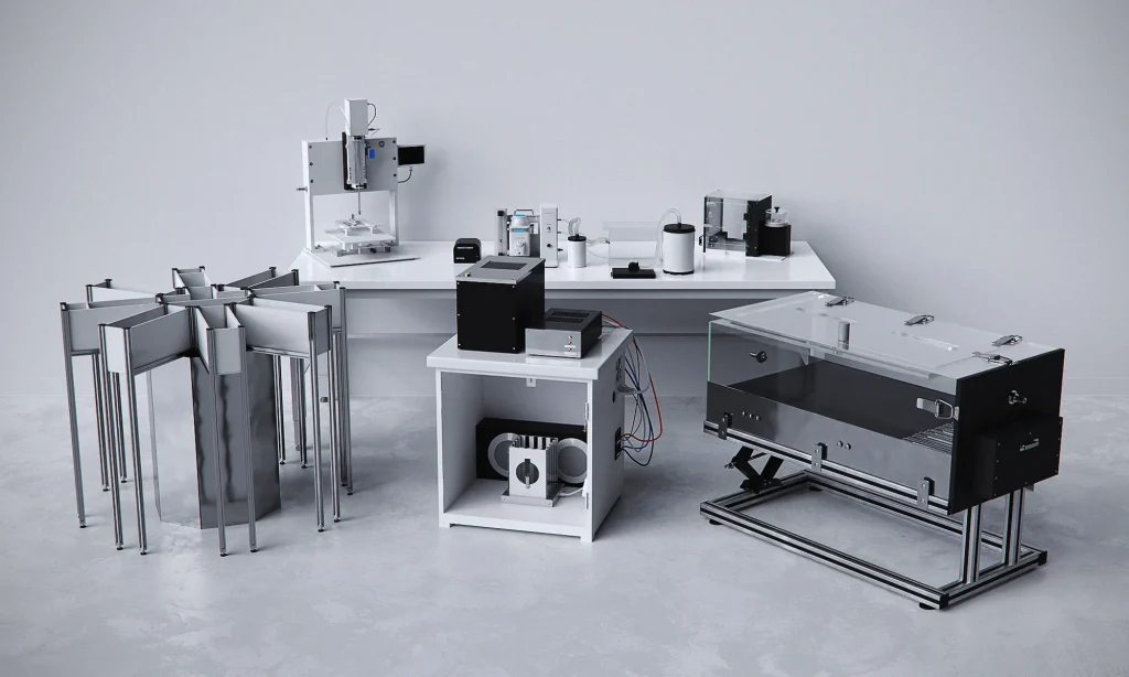 Lab equipment setup including anesthesia machine and rodent cages ConductScience research tools setup with lab equipment for behavioral studies.