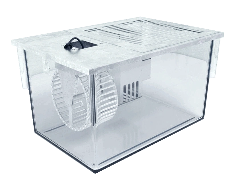 Transparent ConductVision activity wheel chamber for rodent behavioral studies, featuring an exercise wheel and ventilation system