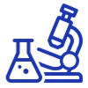 Blue laboratory icon featuring a microscope and a beaker, representing scientific research and experimentation.