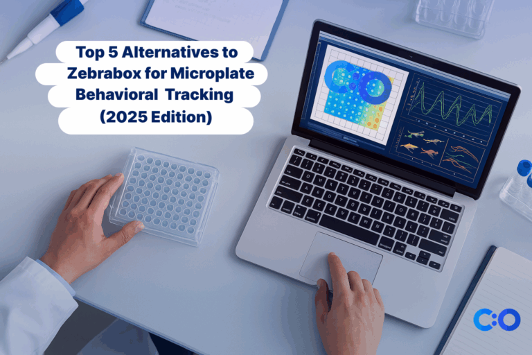 Scientist analyzing high-throughput zebrafish tracking data on a microplate system